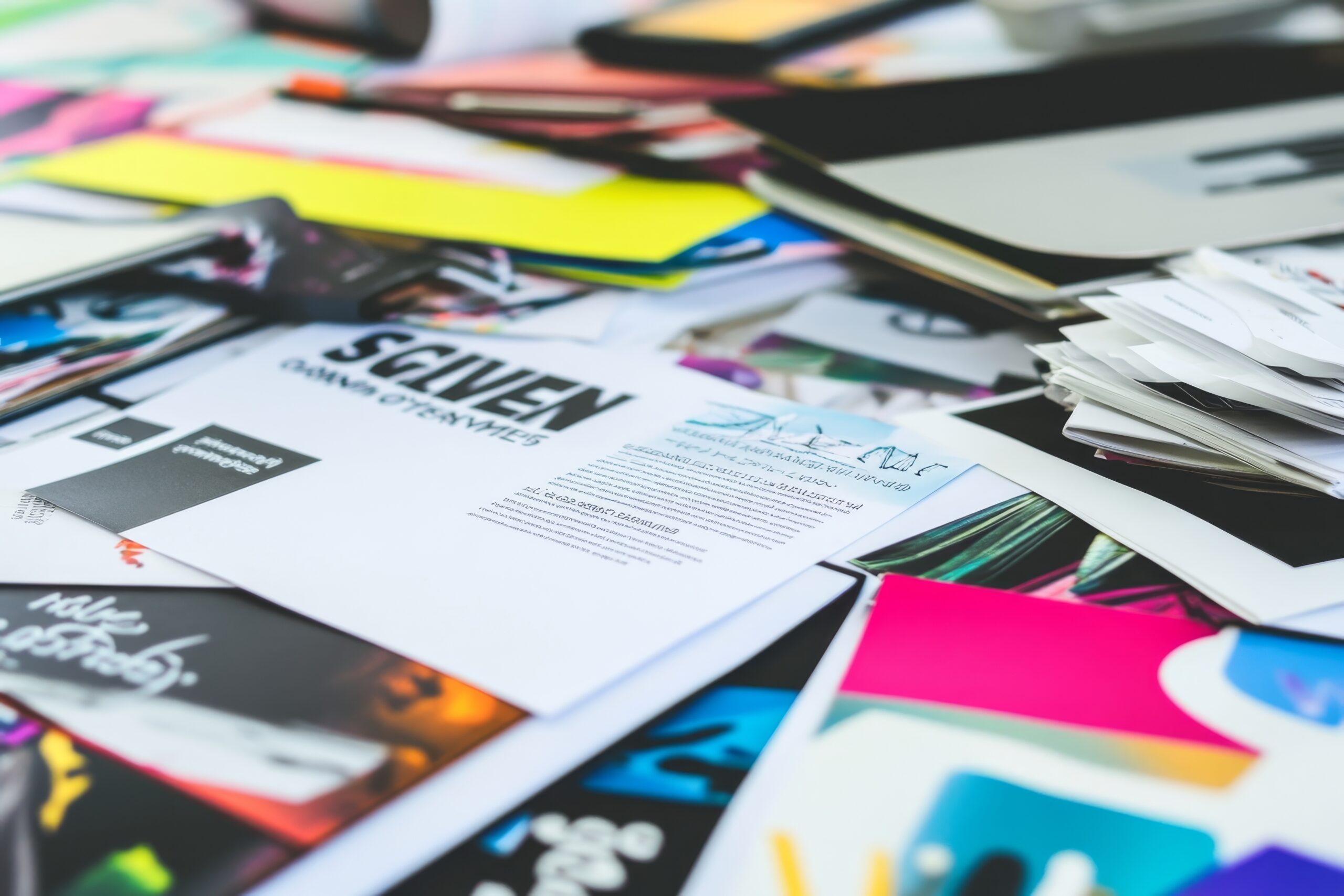 A Colorful Chaos of Papers and Documents on a Desk